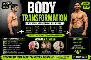 # Body Transformation Real Success Stories, Before & After Journeys, and Proven Transformation Tips Meta Title Body Transformation Success Stories – Best Tips for a Healthy Fitness Journey Meta Description Discover inspiring body transformation success stories, before and after journeys, and practical fitness tips to lose fat, build muscle, and achieve long-term health naturally. # Body Transformation Your Complete Guide to Lasting Fitness Success A body transformation is much more than changing your appearance. It is a journey of improving your health, building strength, increasing confidence, and developing healthy habits that last a lifetime. Whether your goal is to lose weight, build muscle, improve endurance, or simply feel healthier, a successful transformation requires consistency, patience, and dedication. Many people start their fitness journey with excitement but lose motivation after a few weeks because they expect immediate results. The truth is that real transformation happens gradually. Every healthy meal, every workout, and every good night's sleep contributes to your progress. This guide explores inspiring body transformation stories, practical strategies, common mistakes to avoid, and expert tips to help you achieve lasting success. --- # What Is a Body Transformation Body transformation refers to making positive changes in your physical health through proper nutrition, regular exercise, and healthy lifestyle habits. It can include Fat loss Muscle gain Improved strength Better posture Increased stamina Enhanced flexibility Higher energy levels Better mental health Improved confidence Overall healthier lifestyle Unlike crash diets or quick fixes, a genuine transformation focuses on long-term health rather than temporary weight loss. --- # Why People Start Their Body Transformation Journey Everyone has a different reason for beginning their fitness journey. Common motivations include Losing excess body fat Building lean muscle Preparing for a special event Improving overall health Reducing the risk of lifestyle diseases Increasing self-confidence Boosting athletic performance Recovering after pregnancy Improving mental well-being Living a longer and healthier life The strongest motivation usually comes from wanting to become healthier rather than simply looking better. --- # Inspiring Body Transformation Success Stories ## Story 1 From Sedentary Lifestyle to Active Living A young office worker spent nearly ten hours each day sitting at a desk. Poor eating habits and lack of exercise led to weight gain and constant fatigue. Instead of choosing an extreme diet, the individual began with Walking 30 minutes daily Drinking more water Eating balanced meals Strength training three times a week After one year, significant weight loss, improved energy, and greater confidence were achieved through consistent effort. --- ## Story 2 Building Muscle Naturally A college student wanted to gain strength after years of being underweight. The transformation focused on Progressive strength training High-protein meals Proper sleep Consistent calorie surplus Patience and discipline After several months, noticeable muscle growth and improved athletic performance became visible. --- ## Story 3 Healthy Weight Loss After Lifestyle Changes A busy parent struggled to balance work, family, and personal health. Small daily improvements included Home workouts Meal preparation Walking after dinner Avoiding sugary drinks Sleeping earlier Gradual changes produced lasting results without following restrictive diets. --- # Before and After Transformation Journey Every successful transformation usually follows similar stages. ## Stage 1 Decision The journey starts with deciding to improve your health. This stage includes Setting realistic goals Taking progress photos Recording body measurements Tracking weight Creating a workout schedule --- ## Stage 2 Building Healthy Habits Instead of chasing perfection, focus on consistency. Healthy habits include Eating nutritious meals Exercising regularly Staying hydrated Sleeping 7–9 hours Reducing processed foods --- ## Stage 3 Visible Progress After several weeks, many people notice Better energy Improved mood Increased strength Better endurance Clothes fitting differently Weight changes may be slow, but body composition often improves significantly. --- ## Stage 4 Long-Term Success Eventually, healthy habits become part of everyday life. The goal shifts from losing weight to maintaining overall wellness. --- # Best Transformation Tips for Beginners ## Set Realistic Goals Avoid expecting dramatic changes in only a few weeks. Aim for gradual progress that is easier to maintain. --- ## Follow a Balanced Diet A healthy diet should include Lean protein Whole grains Fresh fruits Vegetables Healthy fats Dairy or suitable alternatives Plenty of water --- ## Prioritize Strength Training Resistance training helps Build muscle Burn fat Increase metabolism Improve bone strength Enhance body shape Train major muscle groups at least two to four times each week. --- ## Include Cardio Exercise Cardio supports heart health and calorie burning. Good options include Walking Running Cycling Swimming Jump rope Rowing Hiking --- ## Stay Consistent Consistency matters more than perfection. Missing one workout is not failure. Return to your routine the next day. --- ## Get Enough Sleep Quality sleep supports Muscle recovery Hormone balance Fat loss Better mood Improved workout performance Aim for 7 to 9 hours every night. --- ## Drink Plenty of Water Proper hydration improves Exercise performance Digestion Skin health Energy Recovery Drink water consistently throughout the day. --- # Foods That Support Body Transformation Choose nutrient-rich foods such as Chicken breast Fish Eggs Greek yogurt Cottage cheese Lentils Beans Brown rice Oats Sweet potatoes Spinach Broccoli Apples Berries Bananas Almonds Walnuts Avocados Limit foods high in added sugar and heavily processed snacks. --- # Common Mistakes to Avoid Many beginners slow their progress by making avoidable mistakes. Avoid Skipping meals Following extreme diets Overtraining Ignoring recovery Comparing yourself to others Expecting instant results Not tracking progress Poor sleep habits Drinking sugary beverages regularly Giving up after temporary setbacks --- # Best Exercises for Full Body Transformation A complete fitness routine should include a mix of strength, cardio, and flexibility work. Effective exercises include Squats Deadlifts Push-ups Pull-ups Bench press Shoulder press Lunges Planks Mountain climbers Burpees Jump rope Cycling Running Walking Swimming Yoga Stretching exercises --- # How to Stay Motivated Motivation naturally changes over time, so rely on habits rather than feelings. Helpful strategies include Take monthly progress photos Celebrate small victories Track workouts Keep a fitness journal Join a supportive community Find a workout partner Try new exercises Set performance goals Reward yourself with healthy treats or fitness gear Focus on progress instead of perfection --- # Measuring Your Progress Weight is only one measure of success. Also monitor Body measurements Progress photos Strength improvements Endurance levels Energy Sleep quality Clothing fit Mood Resting heart rate Daily activity levels These indicators often show improvement before the scale changes. --- # Long-Term Lifestyle Habits Sustainable transformation comes from daily choices. Build habits such as Planning meals in advance Exercising most days of the week Managing stress through mindfulness or hobbies Limiting alcohol and sugary drinks Eating enough protein Staying active outside the gym Practicing portion control Scheduling rest days Continuing to learn about fitness and nutrition Being patient with the process --- # Frequently Asked Questions ## How long does a body transformation take Visible changes often begin within 8 to 12 weeks, while significant transformations may take 6 to 12 months depending on your goals and consistency. ## Can I transform my body without going to the gym Yes. Home workouts, bodyweight exercises, walking, running, and healthy eating can produce excellent results. ## What is the best diet for body transformation A balanced diet rich in protein, whole grains, fruits, vegetables, healthy fats, and adequate hydration is the most sustainable approach. ## How many days should I exercise each week Most people benefit from 3 to 5 workout sessions per week, combining strength training, cardio, and flexibility exercises. ## Is cardio enough for body transformation Cardio is valuable, but combining it with strength training and proper nutrition usually delivers the best results for fat loss, muscle development, and overall fitness. --- # Conclusion A successful body transformation is not about chasing perfection or comparing yourself with others. It is about making consistent, healthy choices that improve your body and mind over time. Every workout completed, every nutritious meal eaten, and every positive habit developed brings you one step closer to your goals. Stay patient, trust the process, and focus on long-term health instead of quick fixes. With dedication and consistency, your transformation can become a lasting lifestyle that benefits you for years to come. ## SEO Keywords Body transformation Body transformation success stories Before and after body transformation Weight loss transformation Muscle gain journey Fitness transformation tips Healthy lifestyle Fat loss tips Build lean muscle Home workout Strength training Fitness motivation Weight loss journey Nutrition for muscle gain Body recomposition Exercise for fat loss Fitness goals Healthy diet plan Workout routine Sustainable fitness journey 
