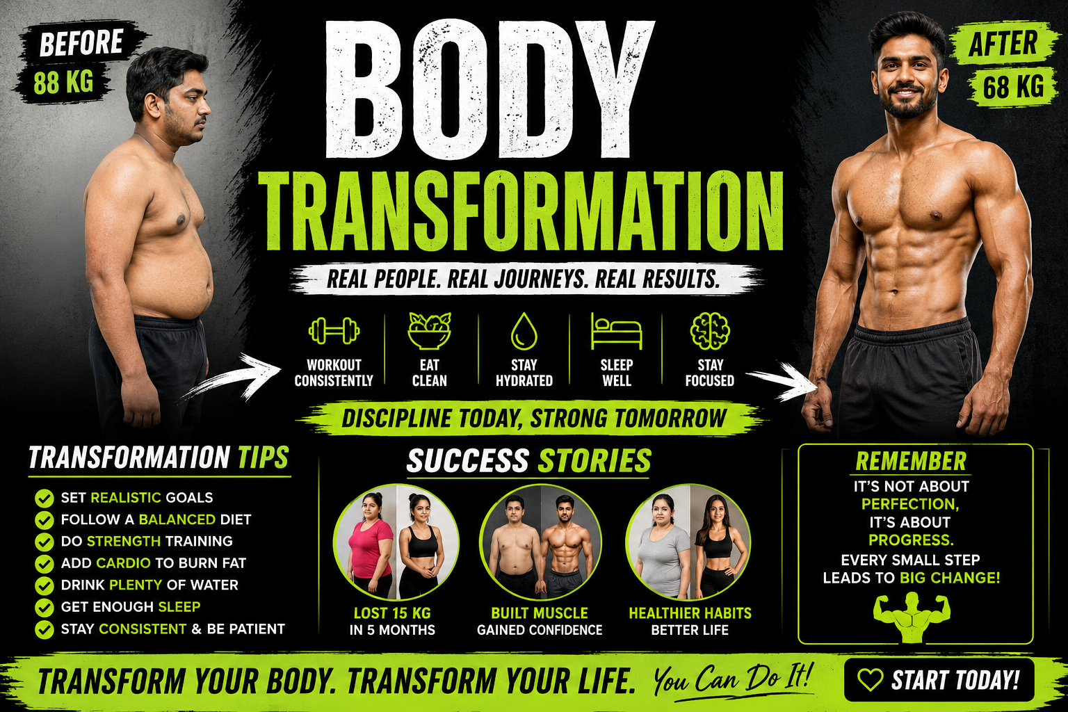 # Body Transformation Real Success Stories, Before & After Journeys, and Proven Transformation Tips Meta Title Body Transformation Success Stories – Best Tips for a Healthy Fitness Journey Meta Description Discover inspiring body transformation success stories, before and after journeys, and practical fitness tips to lose fat, build muscle, and achieve long-term health naturally. # Body Transformation Your Complete Guide to Lasting Fitness Success A body transformation is much more than changing your appearance. It is a journey of improving your health, building strength, increasing confidence, and developing healthy habits that last a lifetime. Whether your goal is to lose weight, build muscle, improve endurance, or simply feel healthier, a successful transformation requires consistency, patience, and dedication. Many people start their fitness journey with excitement but lose motivation after a few weeks because they expect immediate results. The truth is that real transformation happens gradually. Every healthy meal, every workout, and every good night's sleep contributes to your progress. This guide explores inspiring body transformation stories, practical strategies, common mistakes to avoid, and expert tips to help you achieve lasting success. --- # What Is a Body Transformation Body transformation refers to making positive changes in your physical health through proper nutrition, regular exercise, and healthy lifestyle habits. It can include Fat loss Muscle gain Improved strength Better posture Increased stamina Enhanced flexibility Higher energy levels Better mental health Improved confidence Overall healthier lifestyle Unlike crash diets or quick fixes, a genuine transformation focuses on long-term health rather than temporary weight loss. --- # Why People Start Their Body Transformation Journey Everyone has a different reason for beginning their fitness journey. Common motivations include Losing excess body fat Building lean muscle Preparing for a special event Improving overall health Reducing the risk of lifestyle diseases Increasing self-confidence Boosting athletic performance Recovering after pregnancy Improving mental well-being Living a longer and healthier life The strongest motivation usually comes from wanting to become healthier rather than simply looking better. --- # Inspiring Body Transformation Success Stories ## Story 1 From Sedentary Lifestyle to Active Living A young office worker spent nearly ten hours each day sitting at a desk. Poor eating habits and lack of exercise led to weight gain and constant fatigue. Instead of choosing an extreme diet, the individual began with Walking 30 minutes daily Drinking more water Eating balanced meals Strength training three times a week After one year, significant weight loss, improved energy, and greater confidence were achieved through consistent effort. --- ## Story 2 Building Muscle Naturally A college student wanted to gain strength after years of being underweight. The transformation focused on Progressive strength training High-protein meals Proper sleep Consistent calorie surplus Patience and discipline After several months, noticeable muscle growth and improved athletic performance became visible. --- ## Story 3 Healthy Weight Loss After Lifestyle Changes A busy parent struggled to balance work, family, and personal health. Small daily improvements included Home workouts Meal preparation Walking after dinner Avoiding sugary drinks Sleeping earlier Gradual changes produced lasting results without following restrictive diets. --- # Before and After Transformation Journey Every successful transformation usually follows similar stages. ## Stage 1 Decision The journey starts with deciding to improve your health. This stage includes Setting realistic goals Taking progress photos Recording body measurements Tracking weight Creating a workout schedule --- ## Stage 2 Building Healthy Habits Instead of chasing perfection, focus on consistency. Healthy habits include Eating nutritious meals Exercising regularly Staying hydrated Sleeping 7–9 hours Reducing processed foods --- ## Stage 3 Visible Progress After several weeks, many people notice Better energy Improved mood Increased strength Better endurance Clothes fitting differently Weight changes may be slow, but body composition often improves significantly. --- ## Stage 4 Long-Term Success Eventually, healthy habits become part of everyday life. The goal shifts from losing weight to maintaining overall wellness. --- # Best Transformation Tips for Beginners ## Set Realistic Goals Avoid expecting dramatic changes in only a few weeks. Aim for gradual progress that is easier to maintain. --- ## Follow a Balanced Diet A healthy diet should include Lean protein Whole grains Fresh fruits Vegetables Healthy fats Dairy or suitable alternatives Plenty of water --- ## Prioritize Strength Training Resistance training helps Build muscle Burn fat Increase metabolism Improve bone strength Enhance body shape Train major muscle groups at least two to four times each week. --- ## Include Cardio Exercise Cardio supports heart health and calorie burning. Good options include Walking Running Cycling Swimming Jump rope Rowing Hiking --- ## Stay Consistent Consistency matters more than perfection. Missing one workout is not failure. Return to your routine the next day. --- ## Get Enough Sleep Quality sleep supports Muscle recovery Hormone balance Fat loss Better mood Improved workout performance Aim for 7 to 9 hours every night. --- ## Drink Plenty of Water Proper hydration improves Exercise performance Digestion Skin health Energy Recovery Drink water consistently throughout the day. --- # Foods That Support Body Transformation Choose nutrient-rich foods such as Chicken breast Fish Eggs Greek yogurt Cottage cheese Lentils Beans Brown rice Oats Sweet potatoes Spinach Broccoli Apples Berries Bananas Almonds Walnuts Avocados Limit foods high in added sugar and heavily processed snacks. --- # Common Mistakes to Avoid Many beginners slow their progress by making avoidable mistakes. Avoid Skipping meals Following extreme diets Overtraining Ignoring recovery Comparing yourself to others Expecting instant results Not tracking progress Poor sleep habits Drinking sugary beverages regularly Giving up after temporary setbacks --- # Best Exercises for Full Body Transformation A complete fitness routine should include a mix of strength, cardio, and flexibility work. Effective exercises include Squats Deadlifts Push-ups Pull-ups Bench press Shoulder press Lunges Planks Mountain climbers Burpees Jump rope Cycling Running Walking Swimming Yoga Stretching exercises --- # How to Stay Motivated Motivation naturally changes over time, so rely on habits rather than feelings. Helpful strategies include Take monthly progress photos Celebrate small victories Track workouts Keep a fitness journal Join a supportive community Find a workout partner Try new exercises Set performance goals Reward yourself with healthy treats or fitness gear Focus on progress instead of perfection --- # Measuring Your Progress Weight is only one measure of success. Also monitor Body measurements Progress photos Strength improvements Endurance levels Energy Sleep quality Clothing fit Mood Resting heart rate Daily activity levels These indicators often show improvement before the scale changes. --- # Long-Term Lifestyle Habits Sustainable transformation comes from daily choices. Build habits such as Planning meals in advance Exercising most days of the week Managing stress through mindfulness or hobbies Limiting alcohol and sugary drinks Eating enough protein Staying active outside the gym Practicing portion control Scheduling rest days Continuing to learn about fitness and nutrition Being patient with the process --- # Frequently Asked Questions ## How long does a body transformation take Visible changes often begin within 8 to 12 weeks, while significant transformations may take 6 to 12 months depending on your goals and consistency. ## Can I transform my body without going to the gym Yes. Home workouts, bodyweight exercises, walking, running, and healthy eating can produce excellent results. ## What is the best diet for body transformation A balanced diet rich in protein, whole grains, fruits, vegetables, healthy fats, and adequate hydration is the most sustainable approach. ## How many days should I exercise each week Most people benefit from 3 to 5 workout sessions per week, combining strength training, cardio, and flexibility exercises. ## Is cardio enough for body transformation Cardio is valuable, but combining it with strength training and proper nutrition usually delivers the best results for fat loss, muscle development, and overall fitness. --- # Conclusion A successful body transformation is not about chasing perfection or comparing yourself with others. It is about making consistent, healthy choices that improve your body and mind over time. Every workout completed, every nutritious meal eaten, and every positive habit developed brings you one step closer to your goals. Stay patient, trust the process, and focus on long-term health instead of quick fixes. With dedication and consistency, your transformation can become a lasting lifestyle that benefits you for years to come. ## SEO Keywords Body transformation Body transformation success stories Before and after body transformation Weight loss transformation Muscle gain journey Fitness transformation tips Healthy lifestyle Fat loss tips Build lean muscle Home workout Strength training Fitness motivation Weight loss journey Nutrition for muscle gain Body recomposition Exercise for fat loss Fitness goals Healthy diet plan Workout routine Sustainable fitness journey 