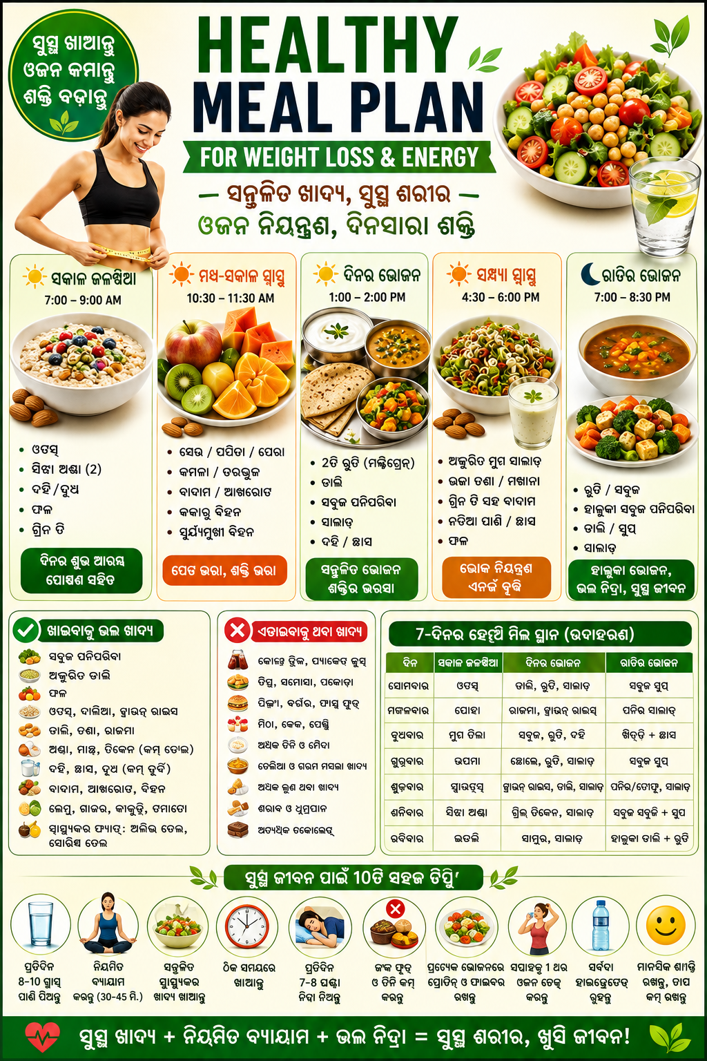 Healthy Meal Plan for Weight Loss and Energy ଓଜନ କମାଇବା ଓ ଶରୀରରେ ଶକ୍ତି ବଢ଼ାଇବା ପାଇଁ ସମ୍ପୂର୍ଣ୍ଣ ଖାଦ୍ୟ ଯୋଜନା